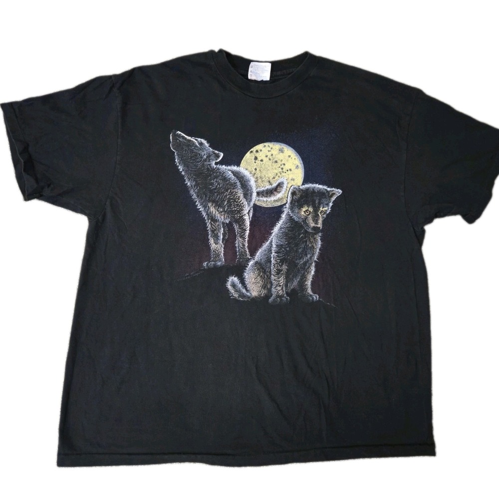 Vintage 90s Hanes Beefy T-Shirt Wolf Graphic Print Black Mens XL 1992 Art